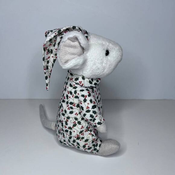 Jellycat London Merry Mouse Bedtime Stuffed Mouse Wearing Holly PJ'S Christmas - Picture 2 of 9